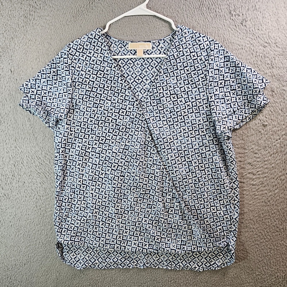 Michael Kors Wrap Top Women Large Geometric Print Ruffle Sleeve Blue White
